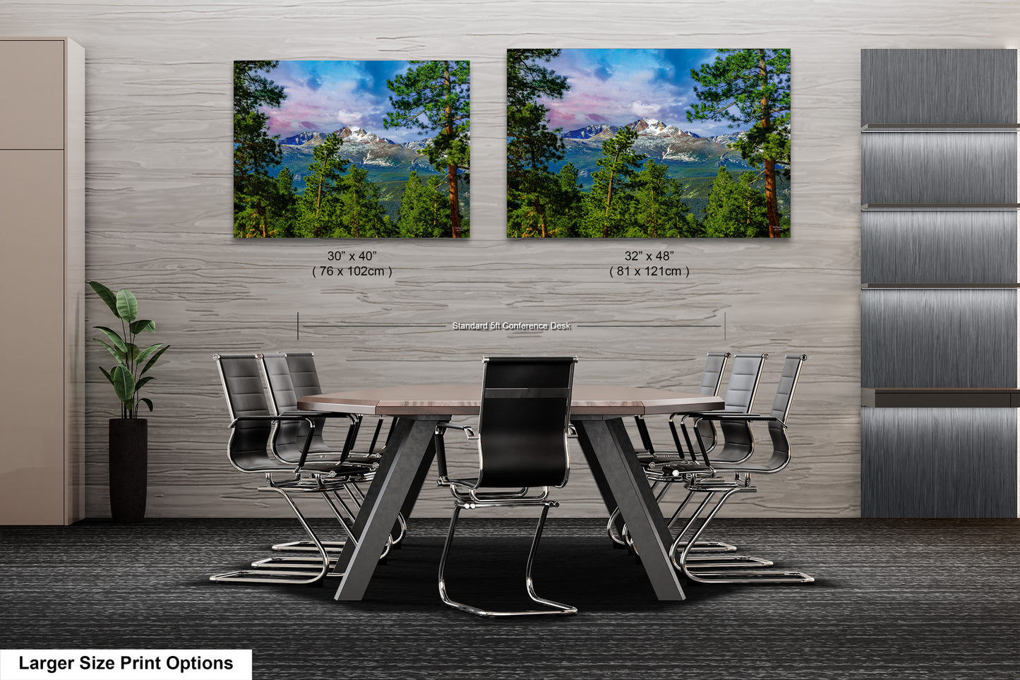 a dining room table with chairs and two pictures on the wall