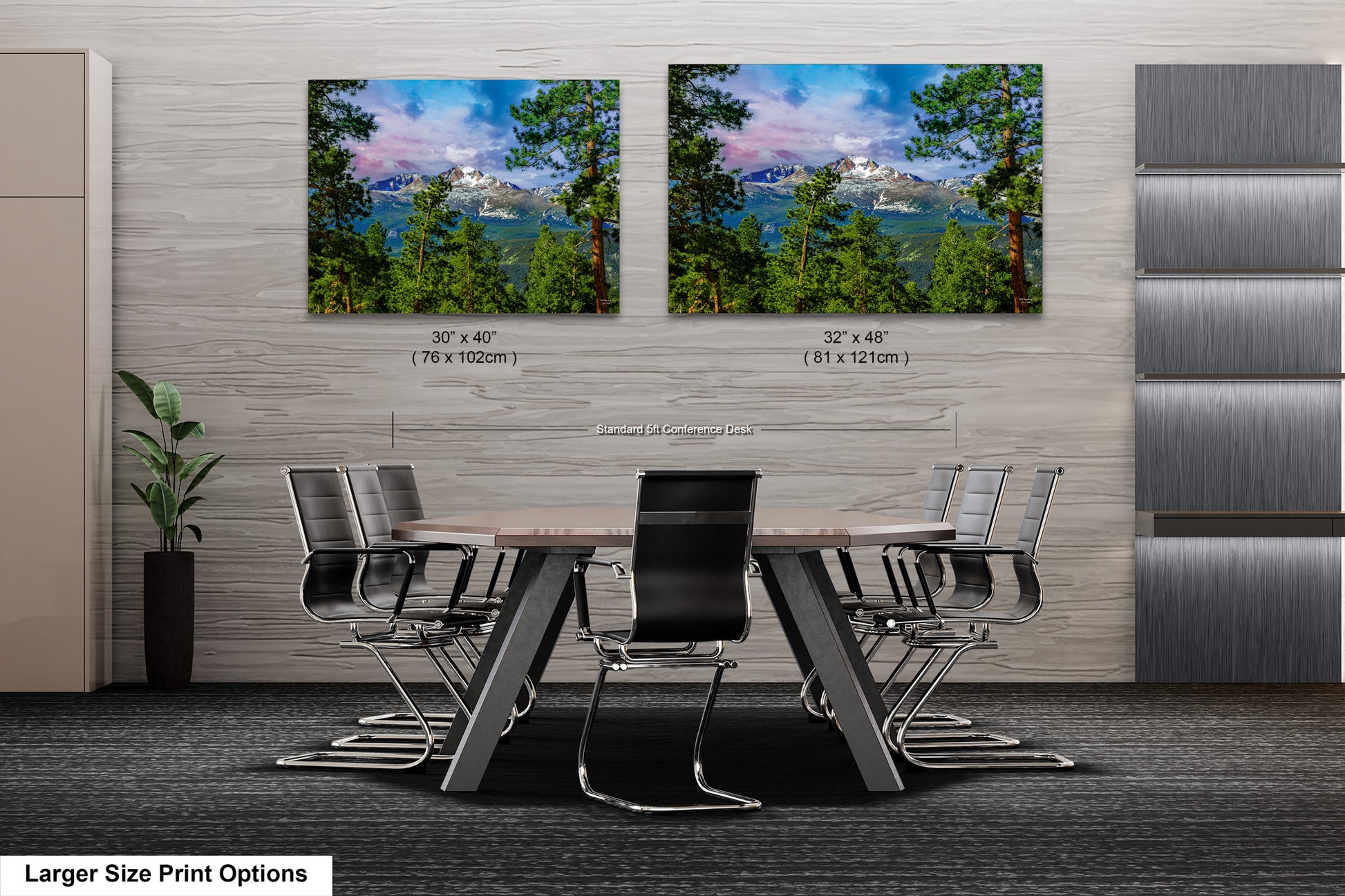 a dining room table with chairs and two pictures on the wall