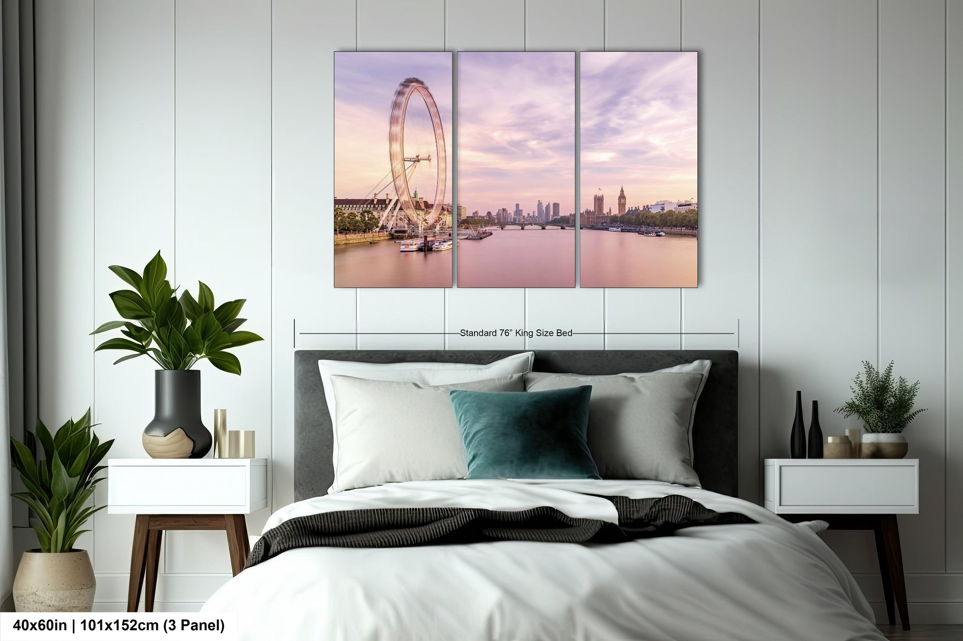 a bedroom with a large bed and a ferris wheel