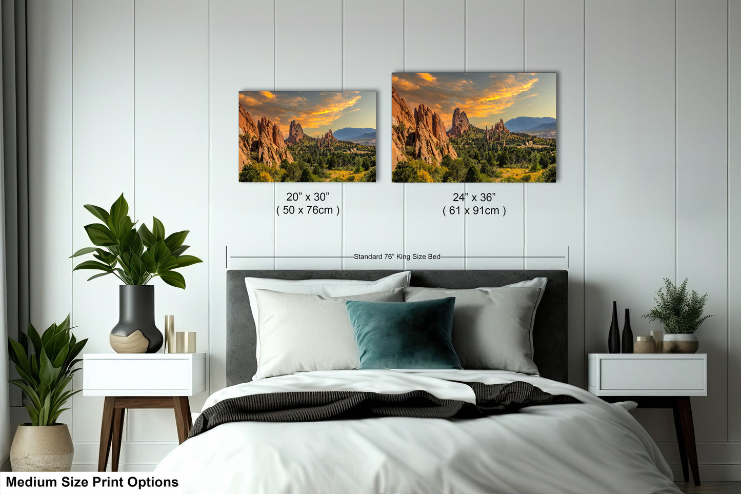 a bed room with a neatly made bed and two pictures on the wall