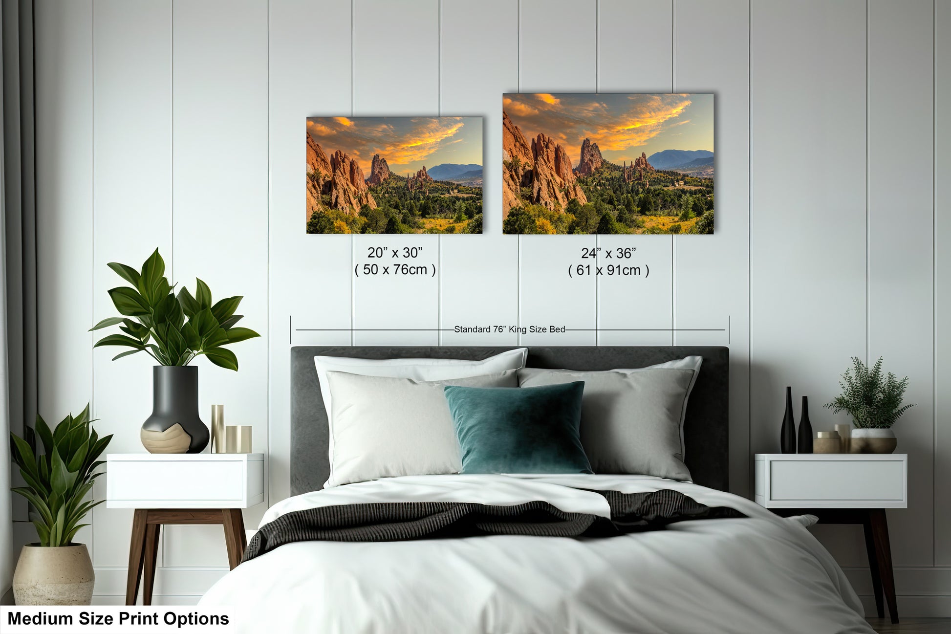 a bed room with a neatly made bed and two pictures on the wall