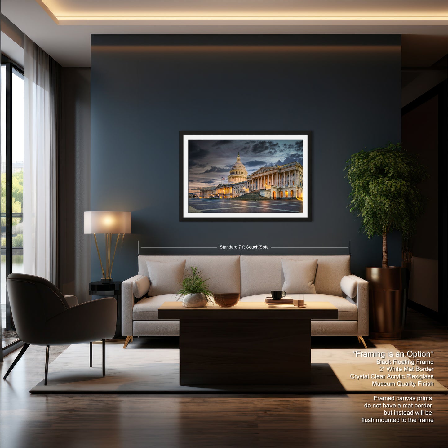 a living room with a couch a chair and a painting on the wall