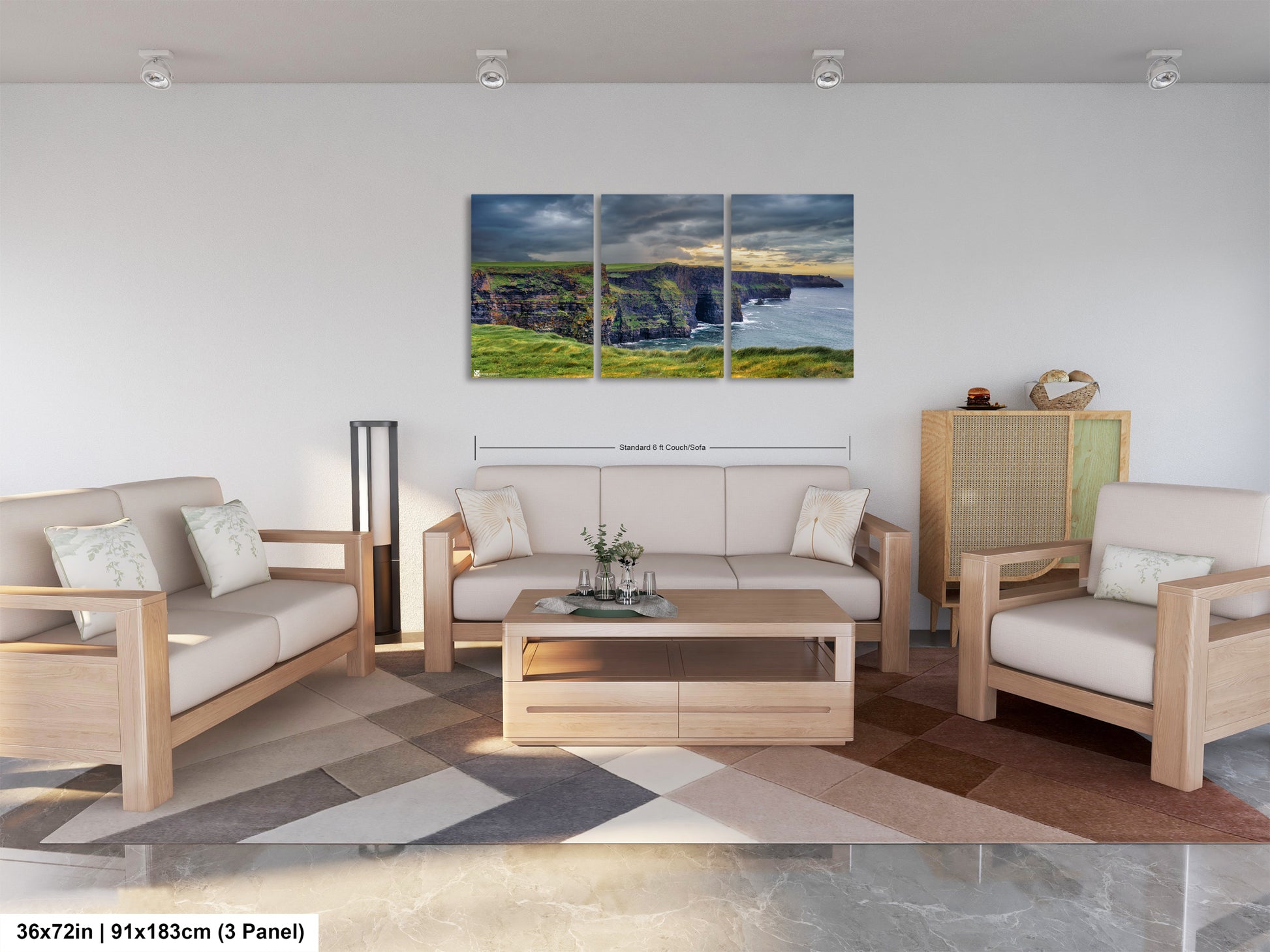 a living room filled with furniture and a painting on the wall