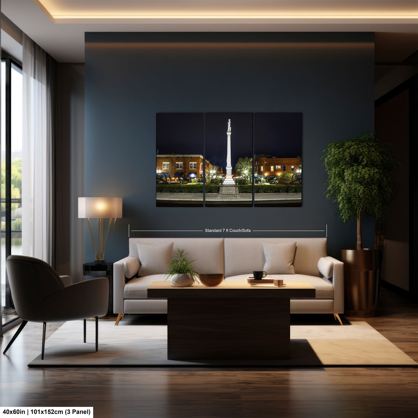 a living room with a couch and a table