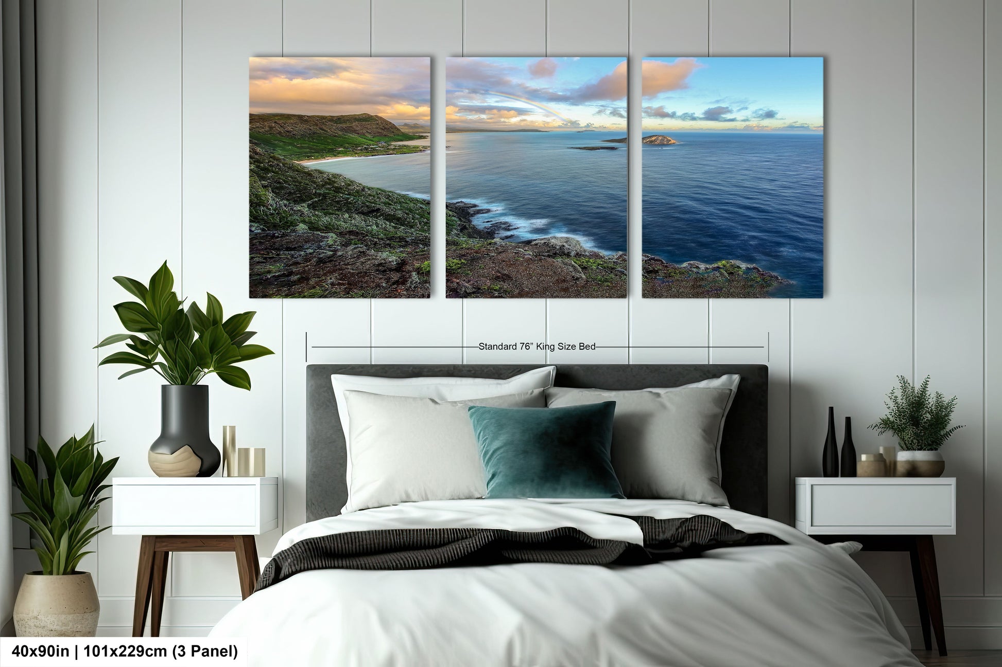 a bedroom scene with a bed and two paintings on the wall