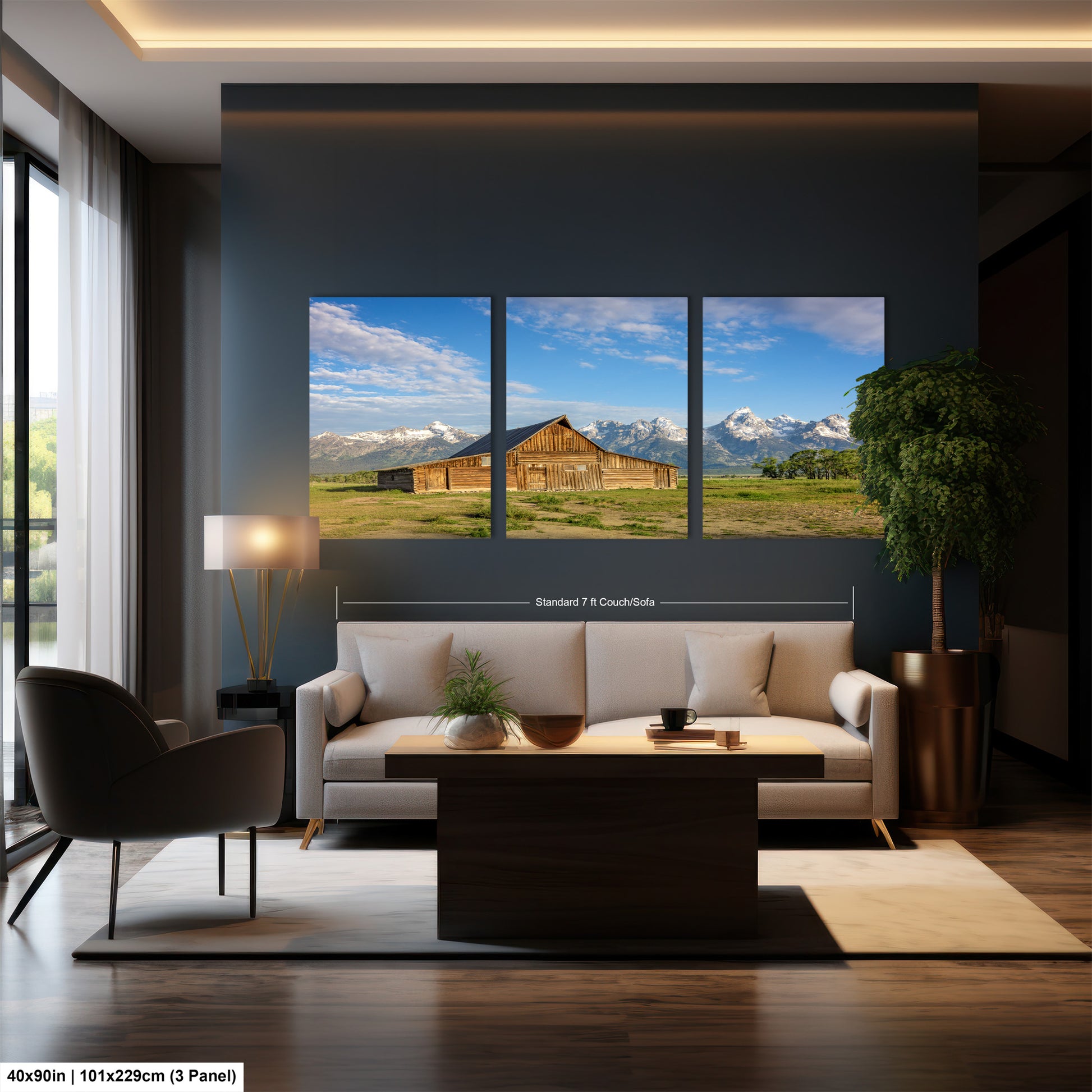 a living room filled with furniture and a large window