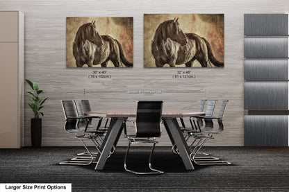 a dining room table with chairs and a painting of a horse on the wall