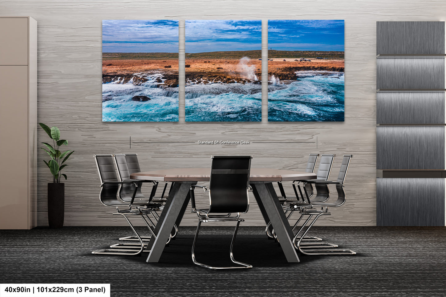a dining room table with chairs and a painting on the wall