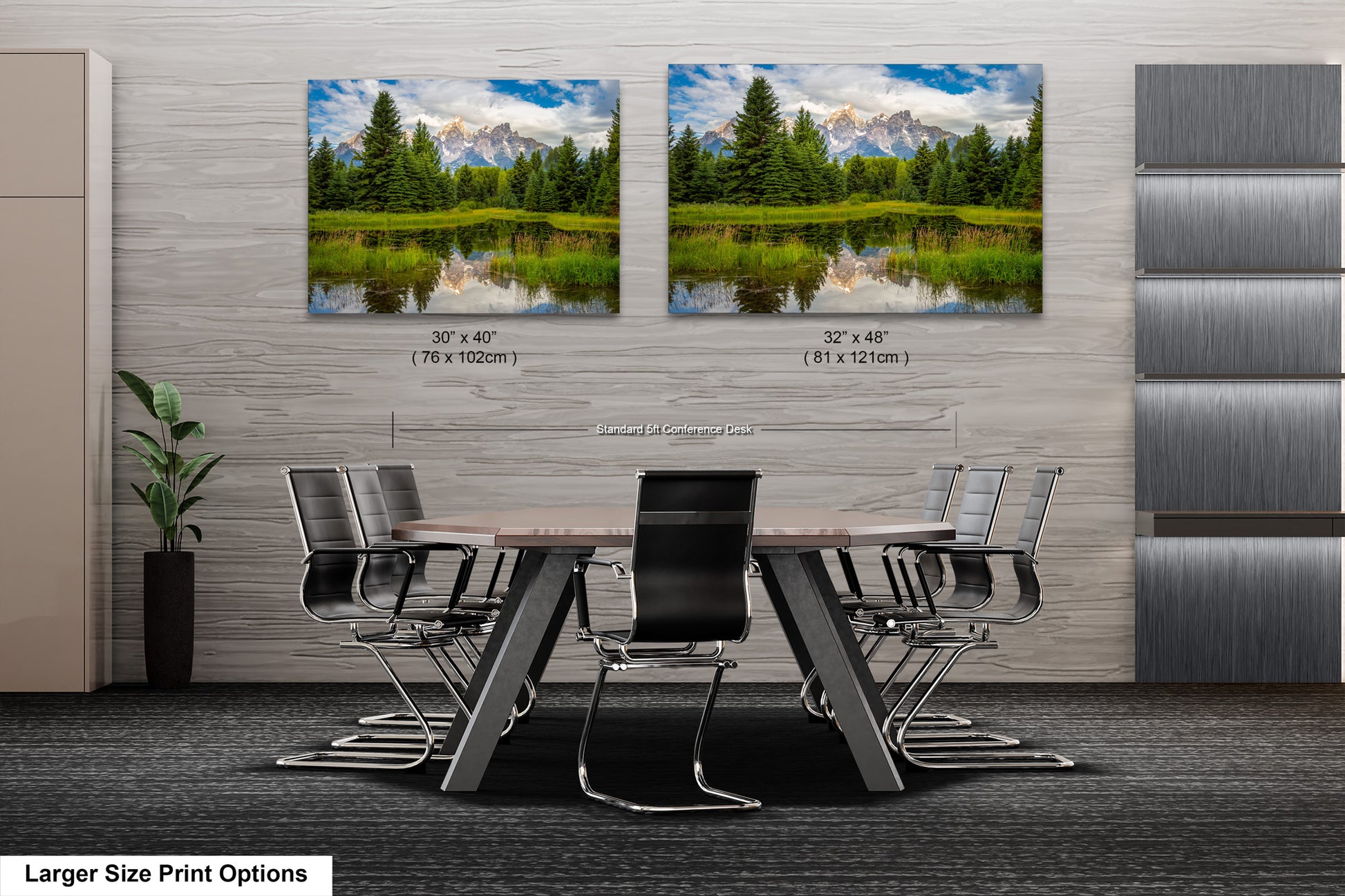 a dining room table with chairs in front of a wall with two pictures of a
