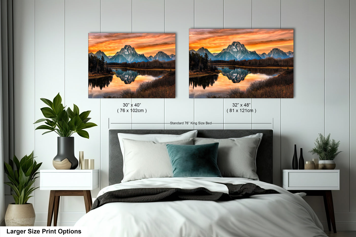 a bed room with a neatly made bed and two pictures on the wall