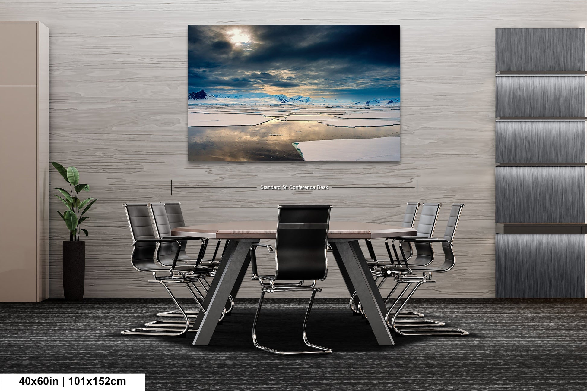 a dining room table with chairs and a painting on the wall