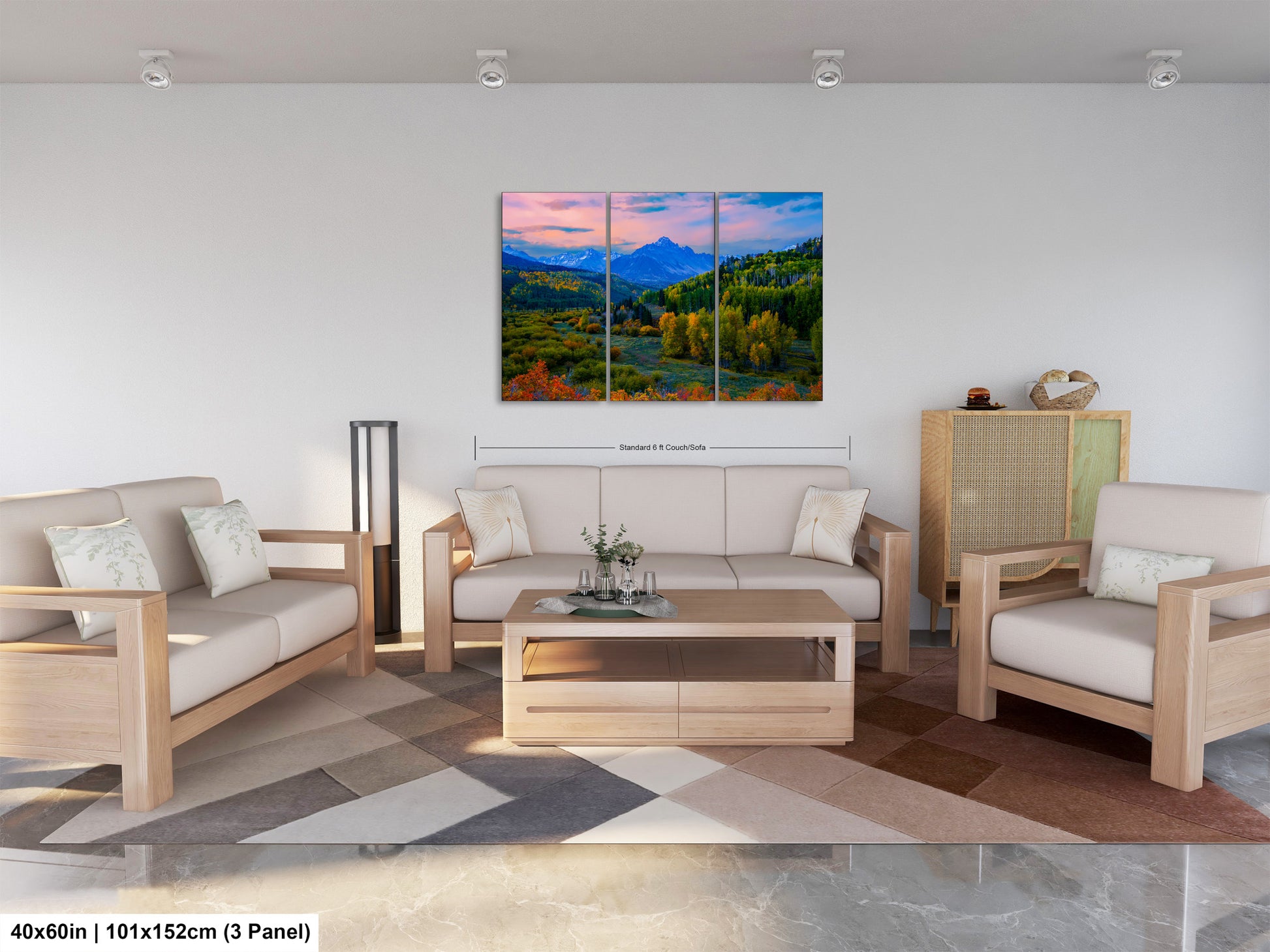 a living room filled with furniture and a painting on the wall