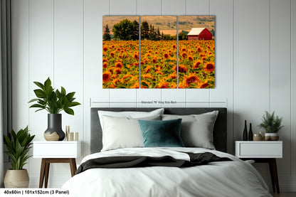 a bed room with a neatly made bed and a painting on the wall