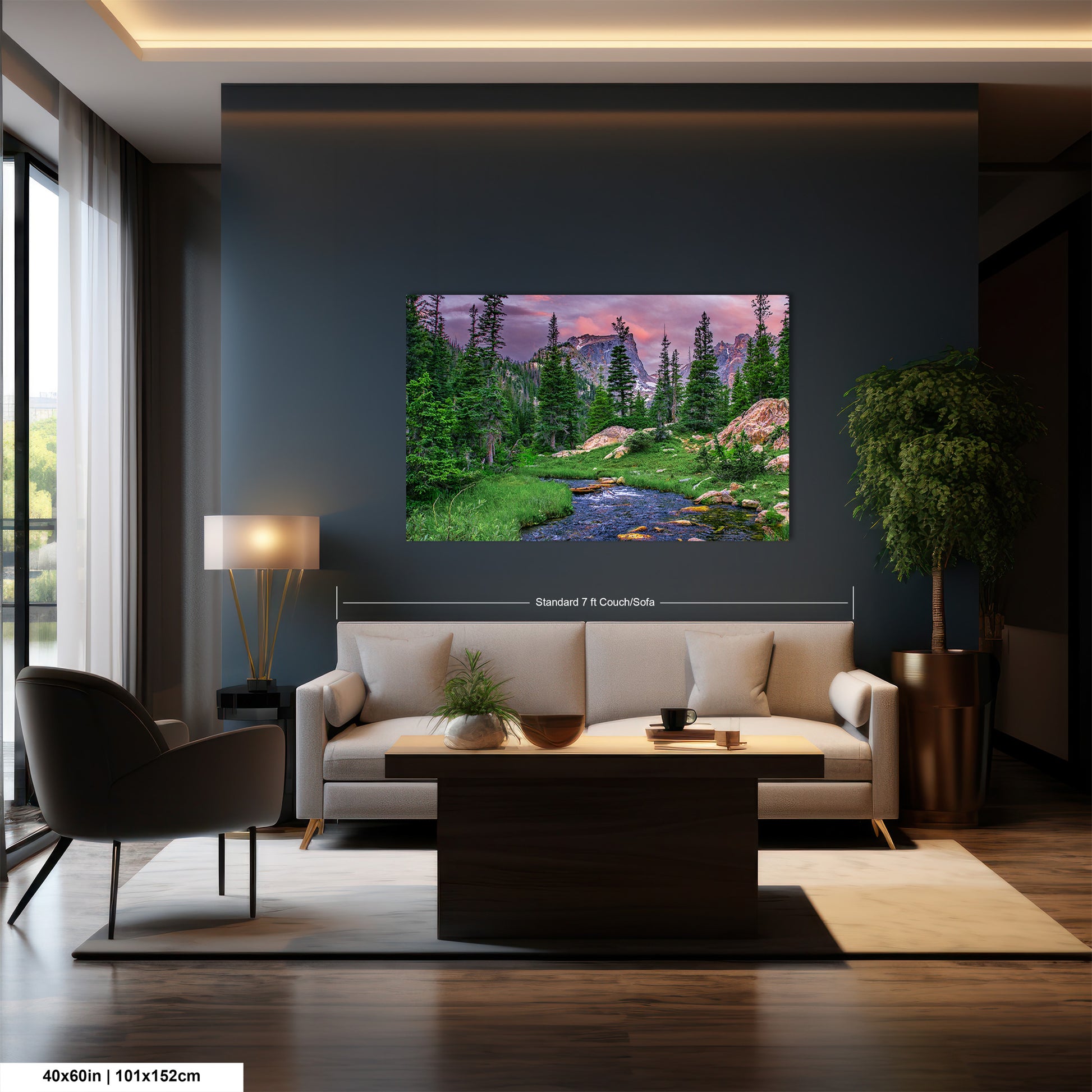 a living room with a large painting on the wall