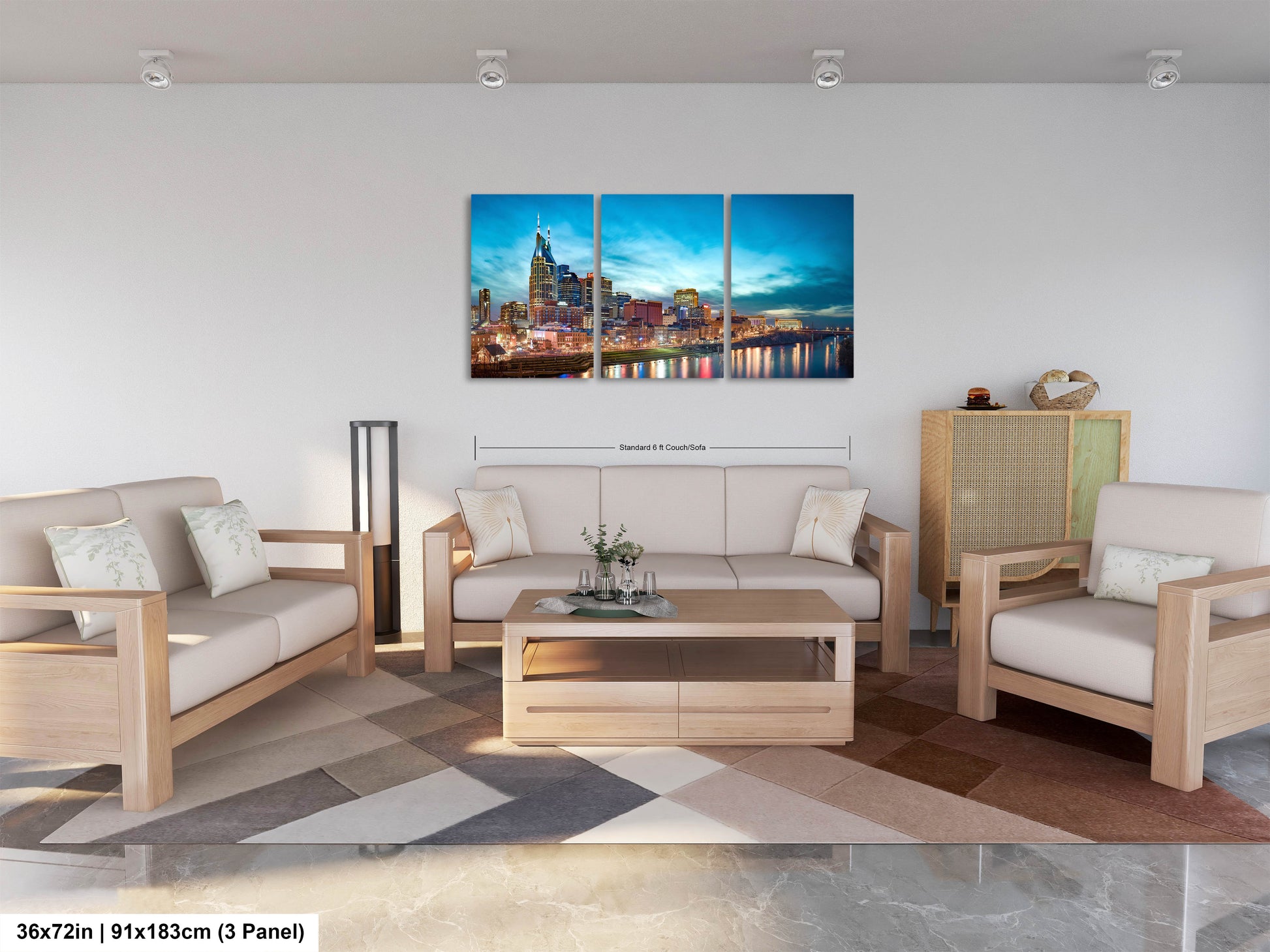 a living room filled with furniture and a painting on the wall