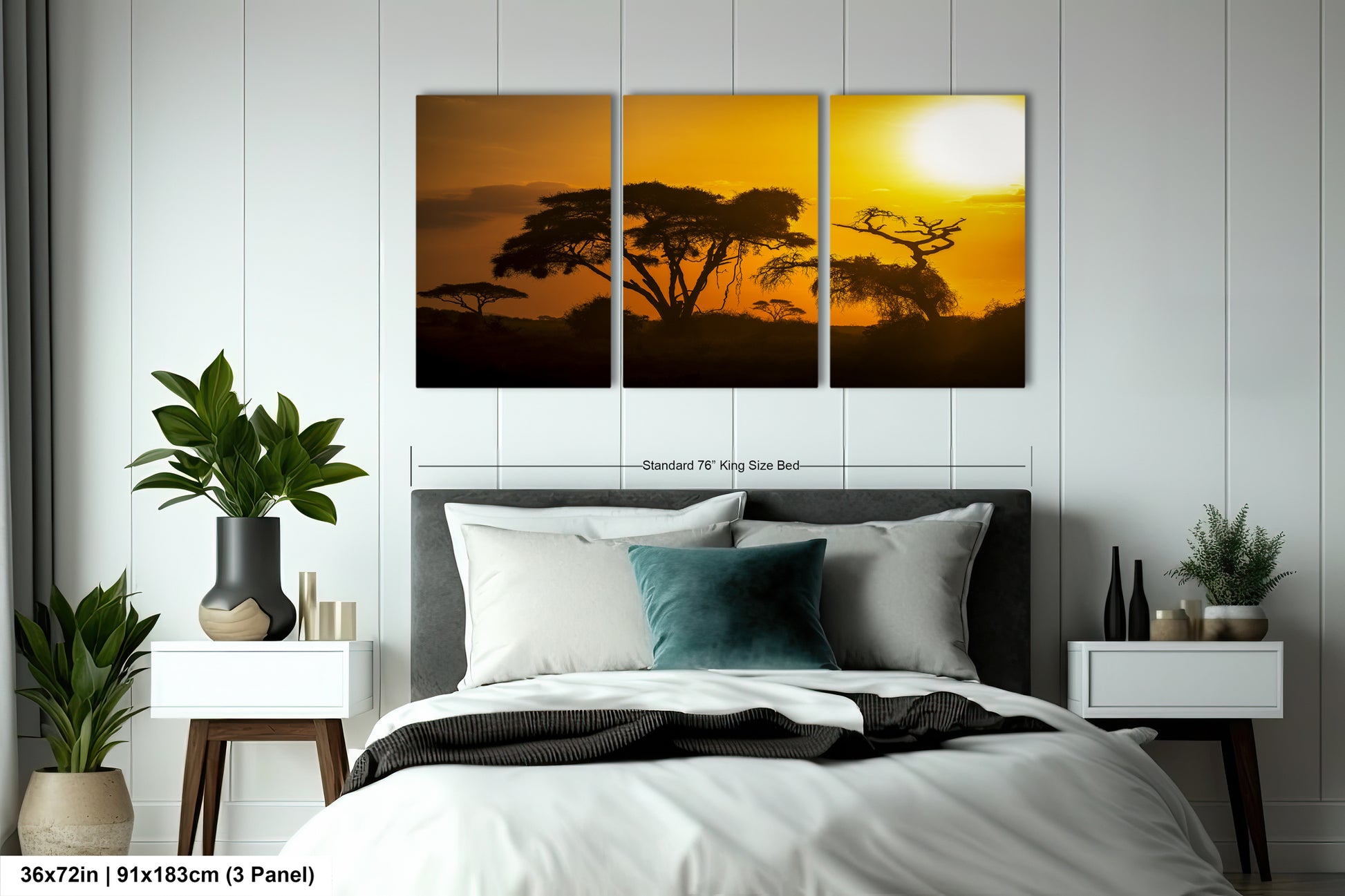 a bedroom with a bed and two paintings on the wall