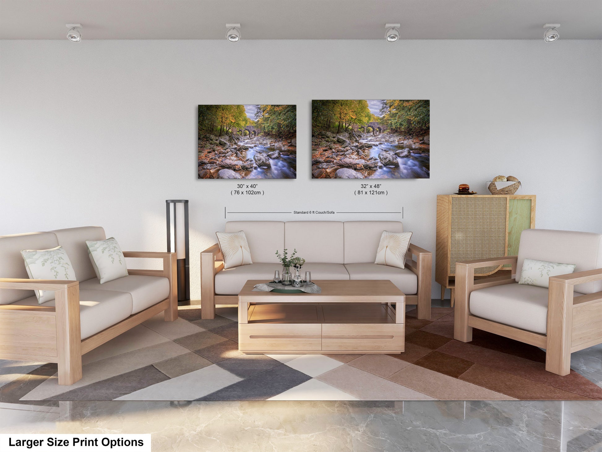 a living room filled with furniture and a painting on the wall