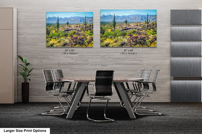 a modern office space with a large wooden table surrounded by black chairs. Two framed landscape photographs are displayed on the wall above the table, depicting a desert scene with mountains in the background.