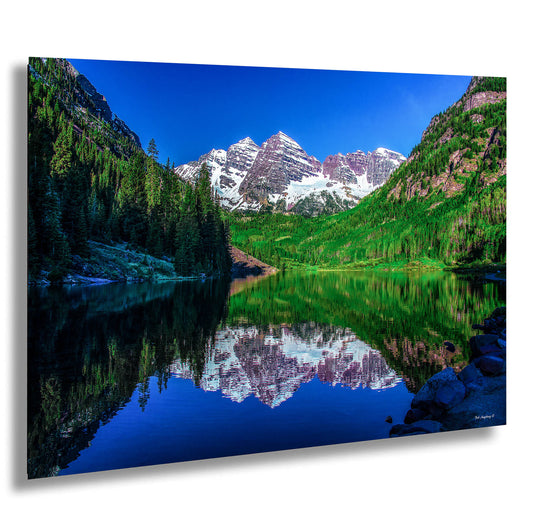 Reflections of Maroon Bells in spring, Aspen Colorado artwork, mountain lake, nature wall art, triptych, office decor,