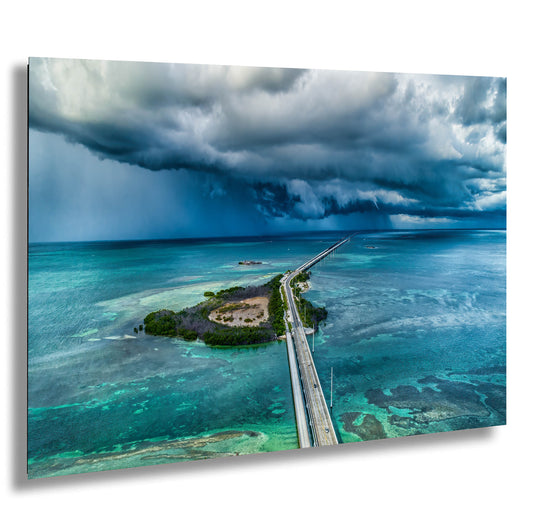 Seven Mile Bridge Wall Art - Florida Keys Stormy Ocean Landscape Print - Coastal Scenic Canvas Decor for Home & Office