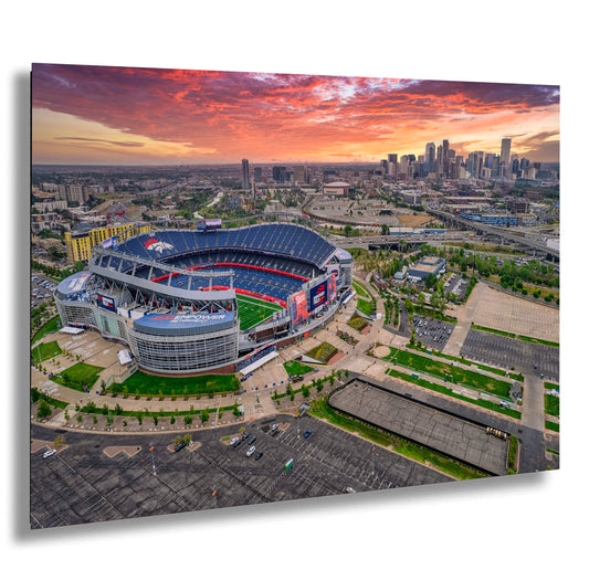 Denver Skyline at Sunrise with Empower Field - Broncos Stadium Aerial Photo