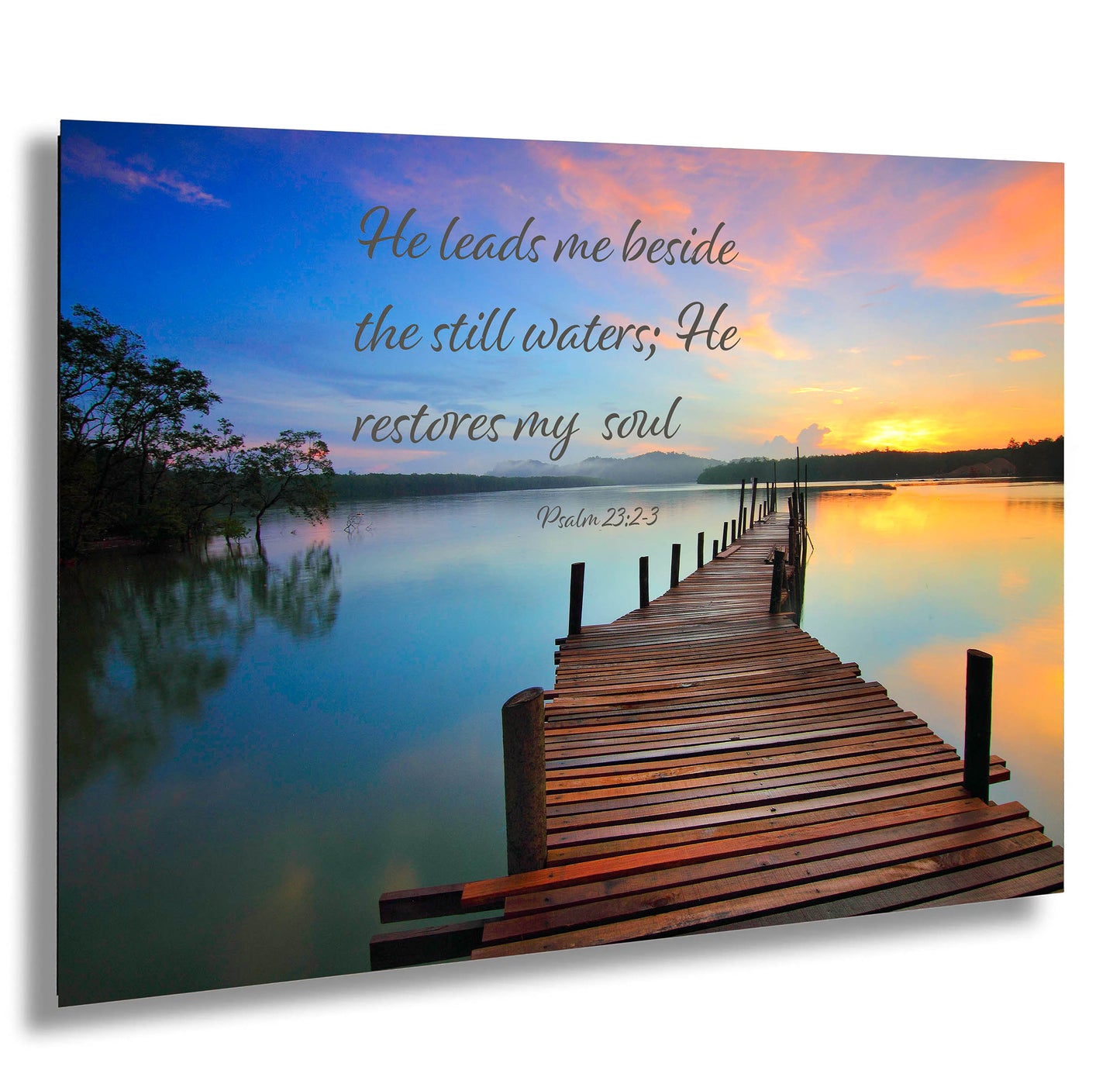 Psalm 23:2-3 Lake Pier Sunrise, Inspirational Canvas Wall Art Prints, Christian Religious Wall Decor for Home or Office