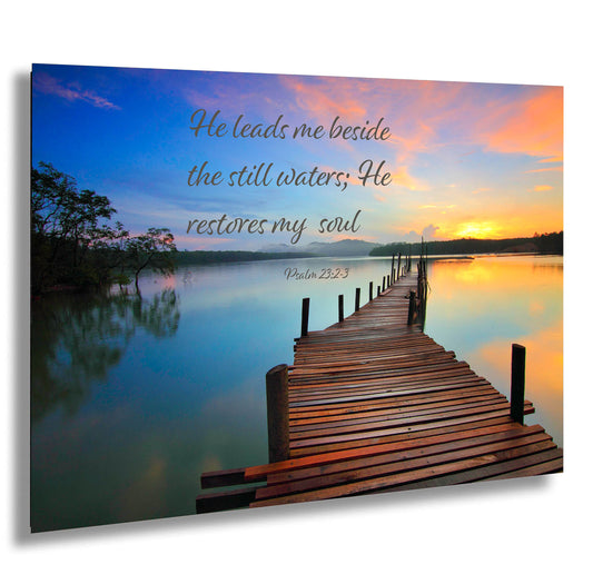 Psalm 23:2-3 Lake Pier Sunrise, Inspirational Canvas Wall Art Prints, Christian Religious Wall Decor for Home or Office