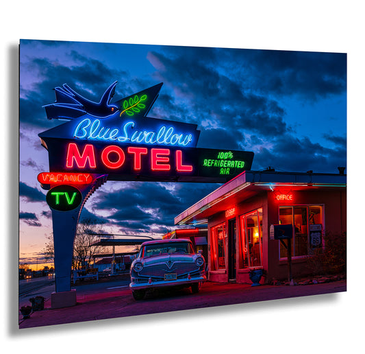 Route 66 Sign - Blue Swallow Motel - Iconic Route 66 Photo: Americana Neon Sign Photography Print - New Mexico Road Trip Wall Art