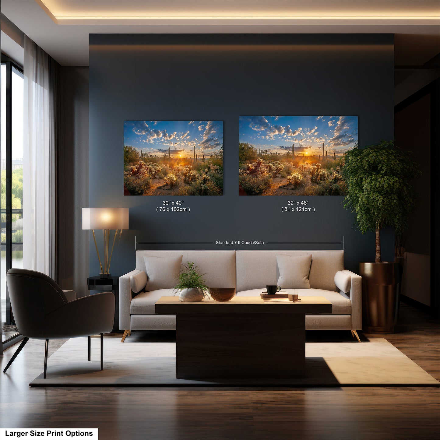 Sonoran Desert Sunrise, Carefree Arizona, backlit saguaro cactus and cholla cactus, Photography wall art