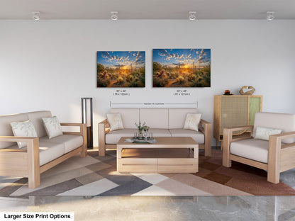 Sonoran Desert Sunrise, Carefree Arizona, backlit saguaro cactus and cholla cactus, Photography wall art