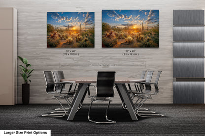 Sonoran Desert Sunrise, Carefree Arizona, backlit saguaro cactus and cholla cactus, Photography wall art