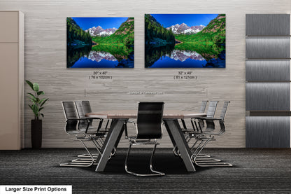 Reflections of Maroon Bells in spring, Aspen Colorado artwork, mountain lake, nature wall art, triptych, office decor,