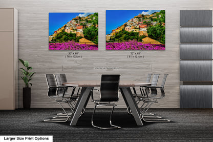 Positano Italy Canvas Print, Italy Photography, Amalfi Coast Photo, Photo Art, Positano Photography, Pink Flowers