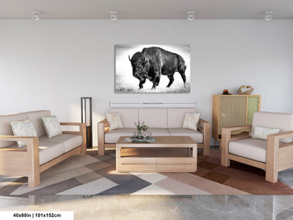 American Buffalo Original Canvas Art | Bison Canvas Print Wall Art | Buffalo Home and Office Art Print Wall Decor | Black & White Print