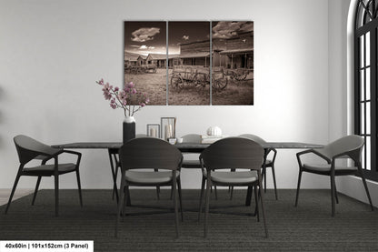 Old West Ghost Town Sepia Photography Decor, Old Wagons Wyoming Photo, Rustic Style, Cowboy Art, Western Art Wall Pictures, Wrapped Canvas,