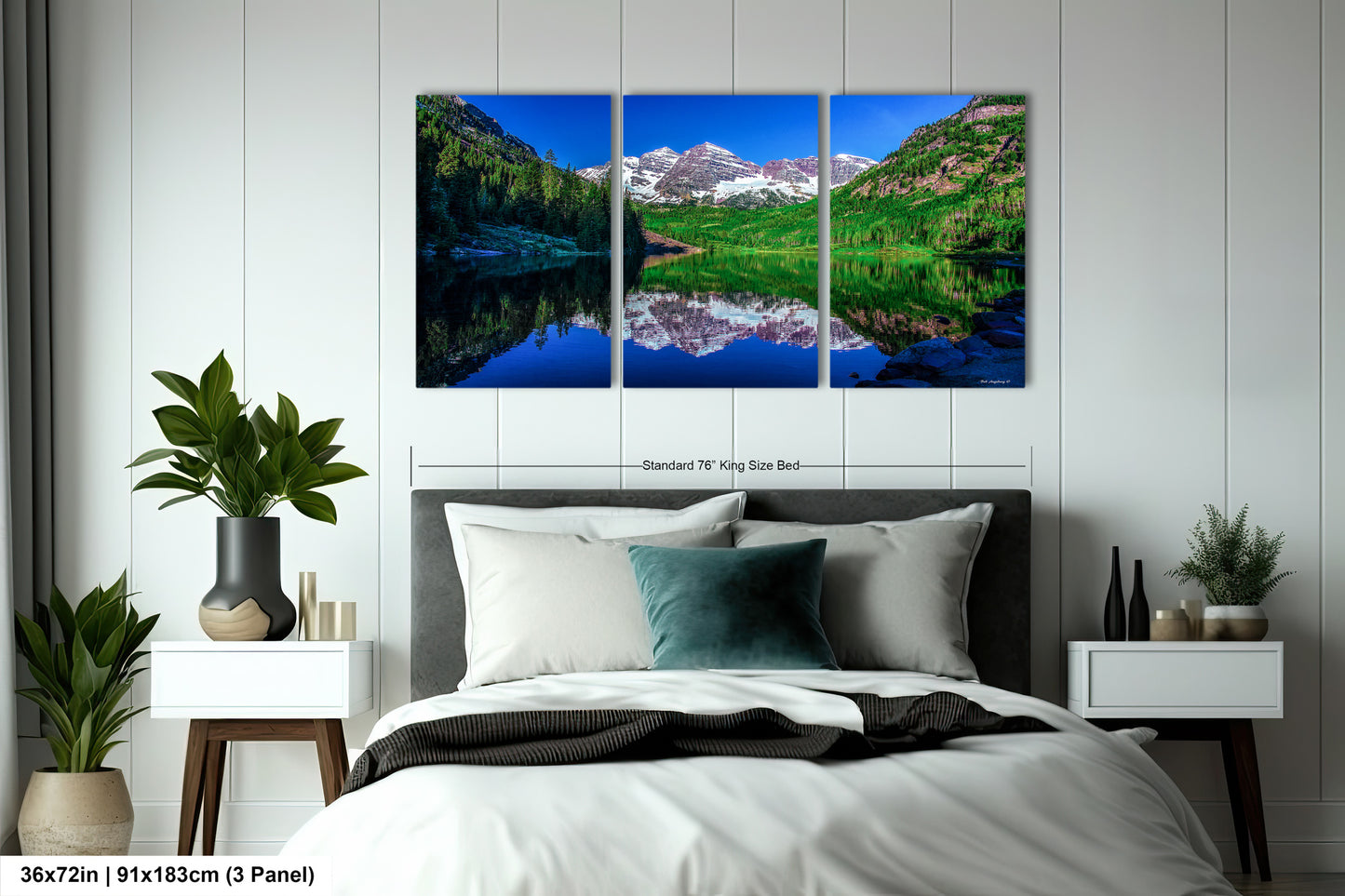 Reflections of Maroon Bells in spring, Aspen Colorado artwork, mountain lake, nature wall art, triptych, office decor,