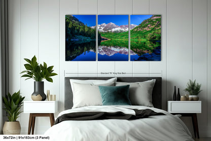 Reflections of Maroon Bells in spring, Aspen Colorado artwork, mountain lake, nature wall art, triptych, office decor,