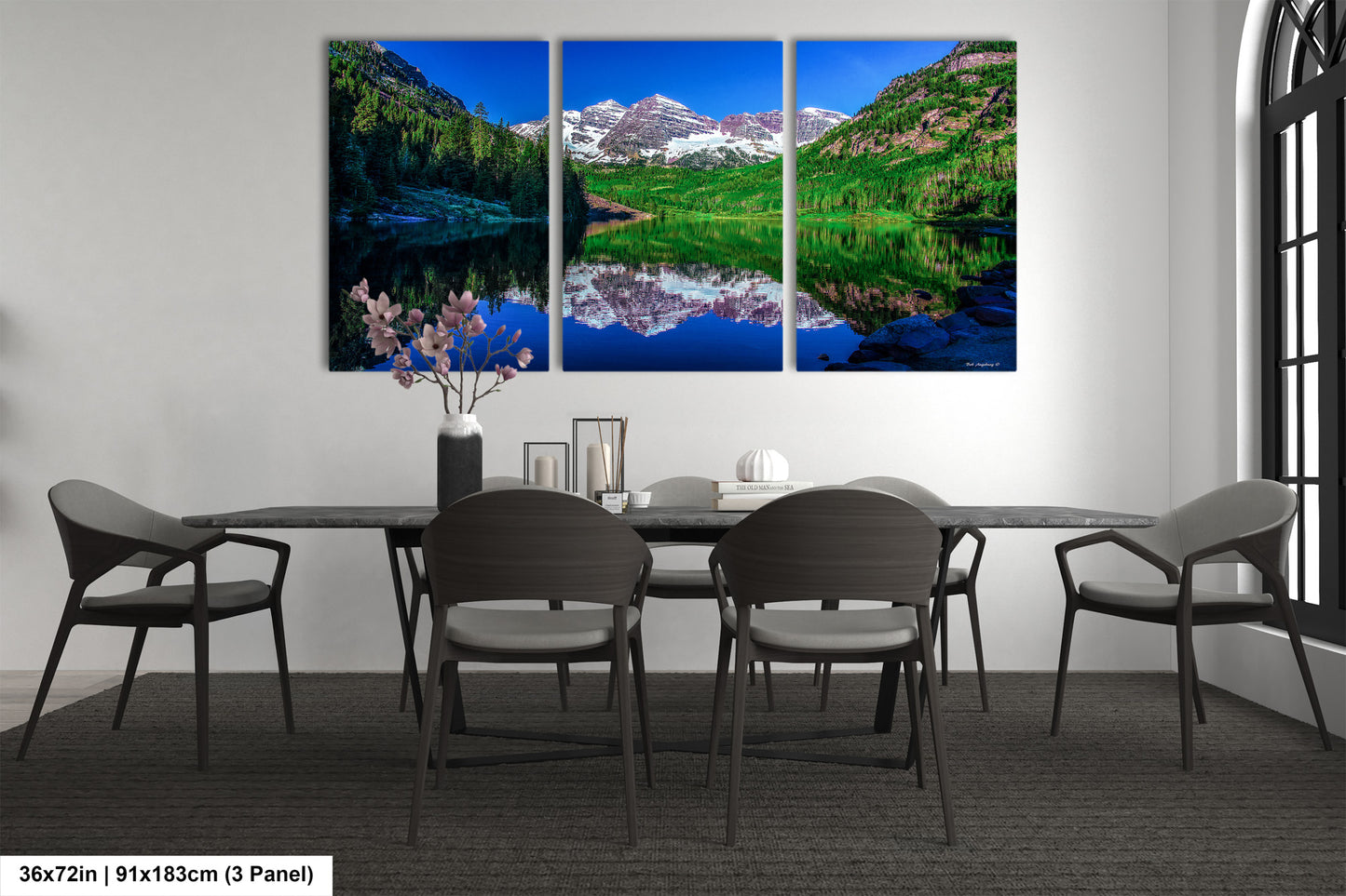 Reflections of Maroon Bells in spring, Aspen Colorado artwork, mountain lake, nature wall art, triptych, office decor,