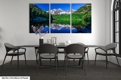 Reflections of Maroon Bells in spring, Aspen Colorado artwork, mountain lake, nature wall art, triptych, office decor,