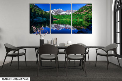Reflections of Maroon Bells in spring, Aspen Colorado artwork, mountain lake, nature wall art, triptych, office decor,
