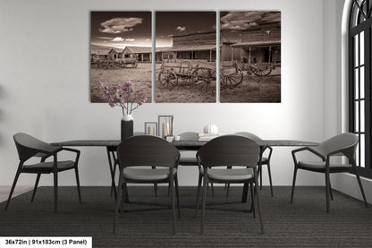 Old West Ghost Town Sepia Photography Decor, Old Wagons Wyoming Photo, Rustic Style, Cowboy Art, Western Art Wall Pictures, Wrapped Canvas,