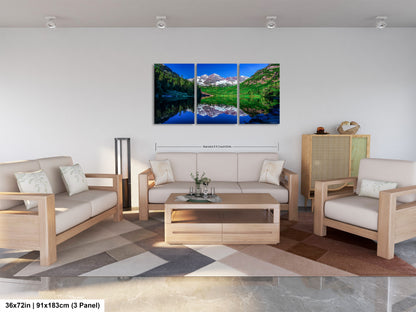 Reflections of Maroon Bells in spring, Aspen Colorado artwork, mountain lake, nature wall art, triptych, office decor,