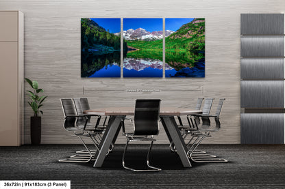 Reflections of Maroon Bells in spring, Aspen Colorado artwork, mountain lake, nature wall art, triptych, office decor,