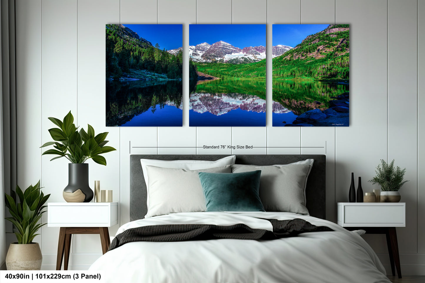 Reflections of Maroon Bells in spring, Aspen Colorado artwork, mountain lake, nature wall art, triptych, office decor,