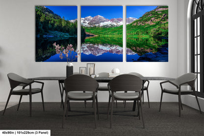 Reflections of Maroon Bells in spring, Aspen Colorado artwork, mountain lake, nature wall art, triptych, office decor,