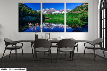 Reflections of Maroon Bells in spring, Aspen Colorado artwork, mountain lake, nature wall art, triptych, office decor,