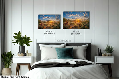Sonoran Desert Sunrise, Carefree Arizona, backlit saguaro cactus and cholla cactus, Photography wall art