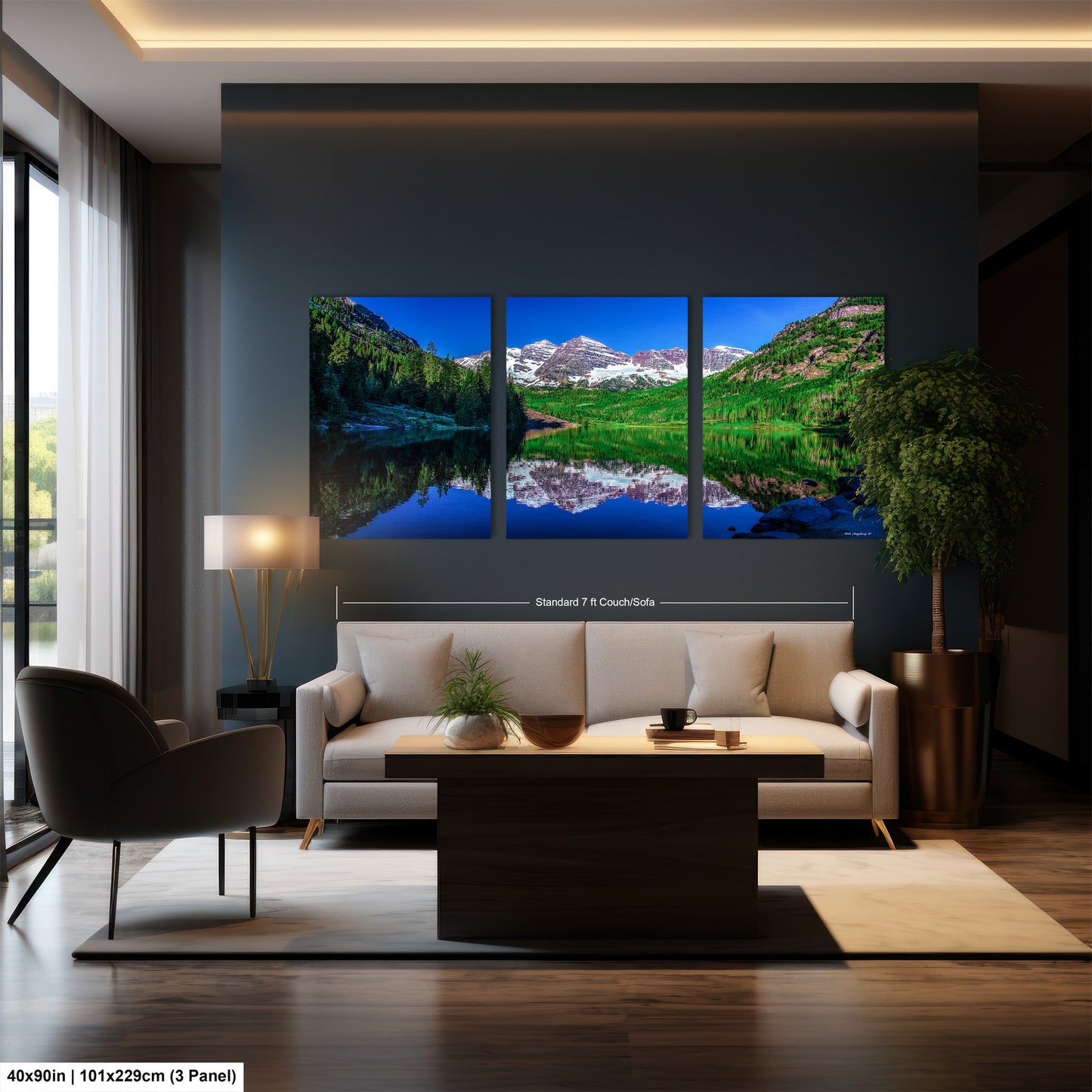 Reflections of Maroon Bells in spring, Aspen Colorado artwork, mountain lake, nature wall art, triptych, office decor,
