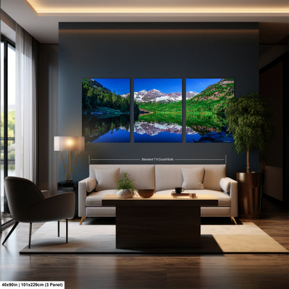 Reflections of Maroon Bells in spring, Aspen Colorado artwork, mountain lake, nature wall art, triptych, office decor,
