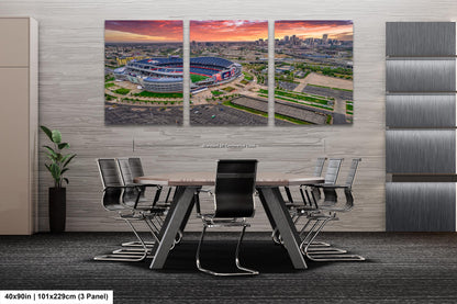 Denver Skyline at Sunrise with Empower Field - Broncos Stadium Aerial Photo